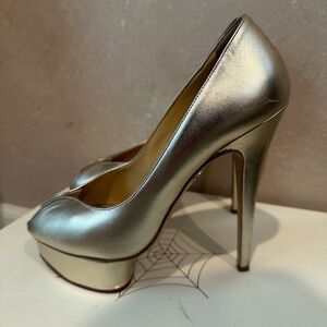 Charlotte Olympia Gold Leather Heels w/ Gold Platform sz 8